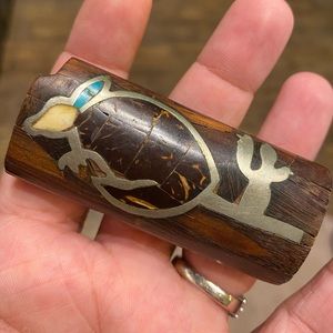 1960’s Wood Lighter Cover Silver & Turquoise Inlay